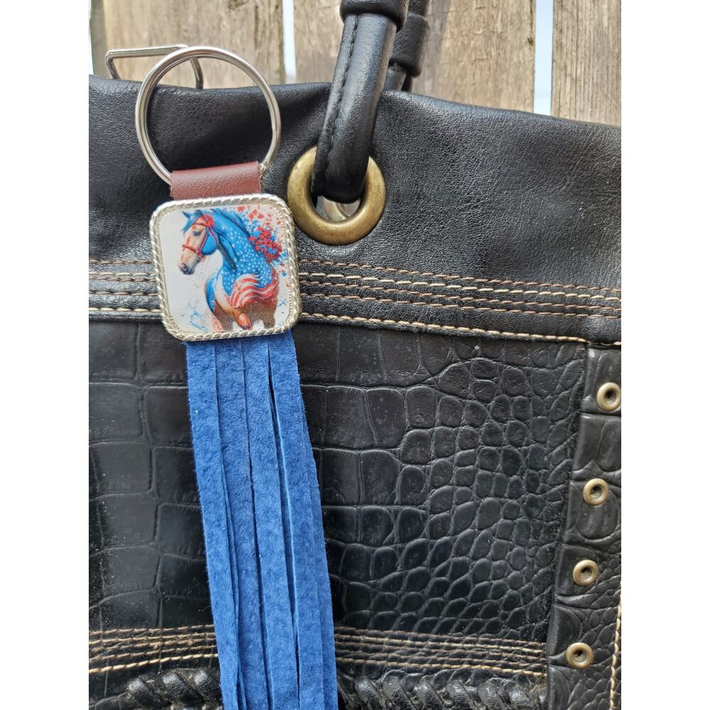 Handmade horse flag boho Leather Fringe Western bag charm, Long fringe keychain